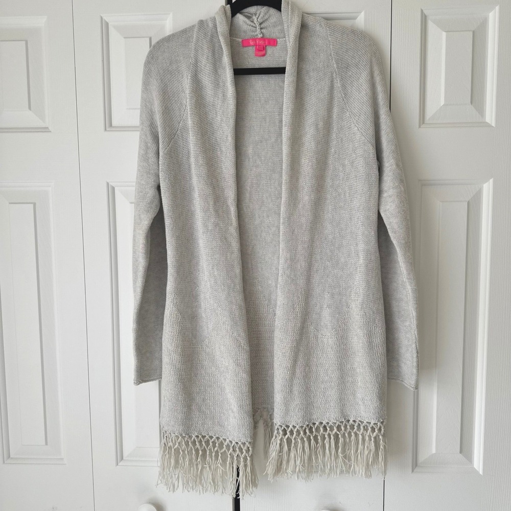 Lilly Pulitzer Gray Metallic Shimmer Fringe Open Front Cardigan Sweater Medium